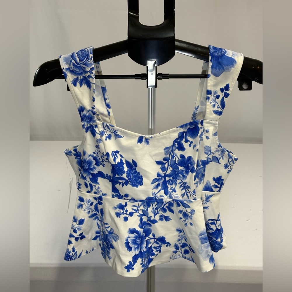 Anthropologie Maeve Square-Neck Peplum Tank Top// Blue Pattern - Picture 6 of 11